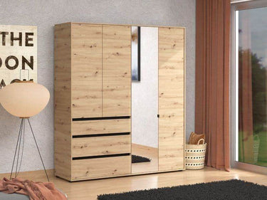 Kyoto Artisan Oak Effect Four Door Mirrored Wardrobe with Three Drawers - UK Luxury Furniture